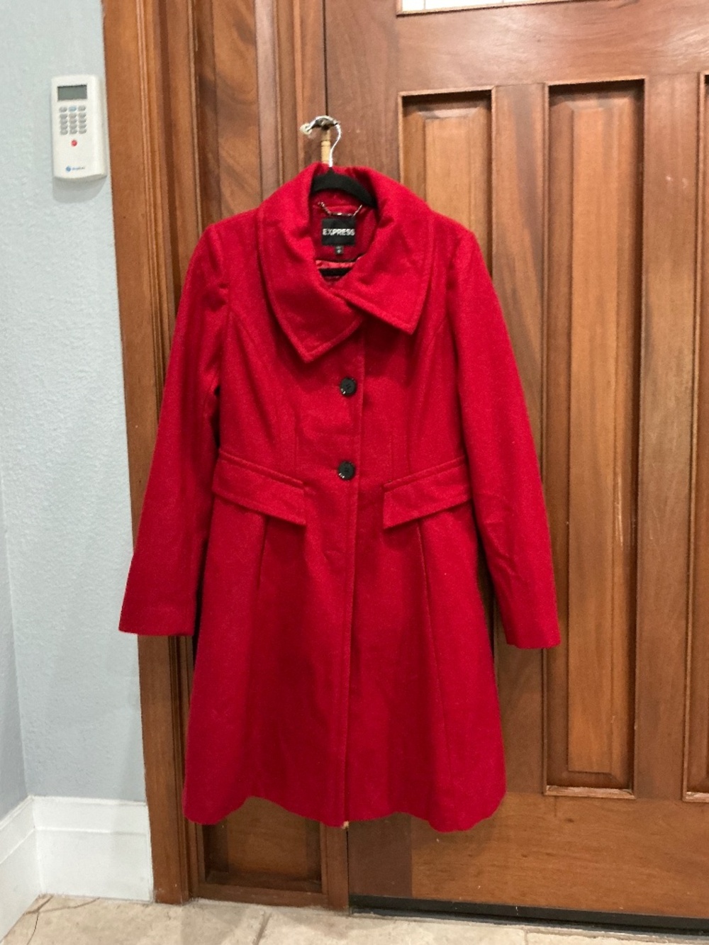 Express: Red Wool Blend Funnel Neck Trench Peacoat Overcoat
